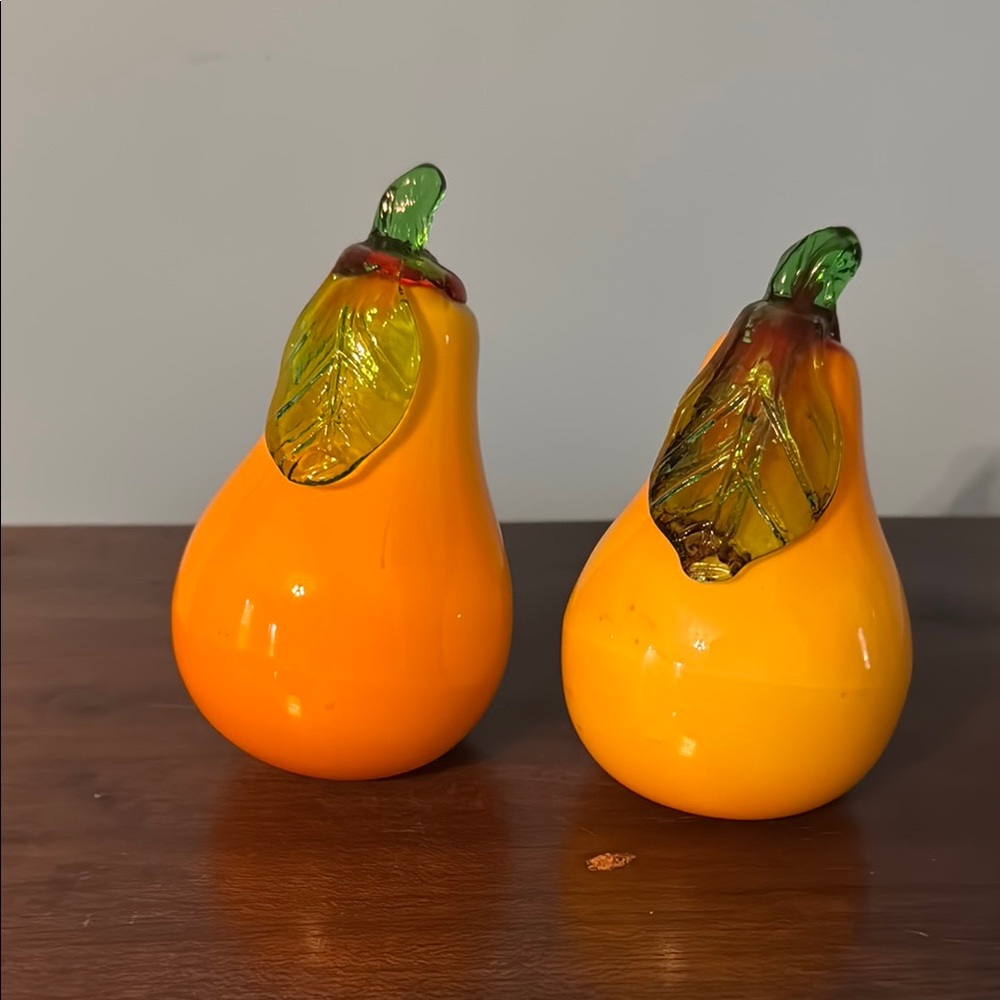 Pier 1 Golden Yellow, Orange and Green Glass Pear Figurines